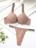 Emanay Rhinestone Strap Bra & Thong Lingerie Set