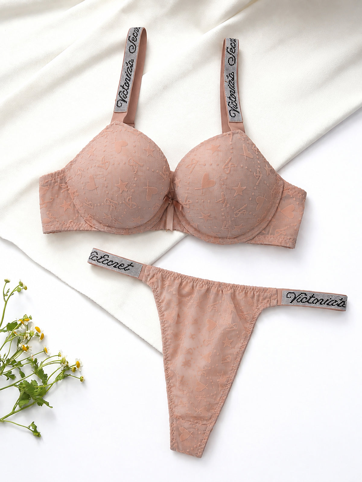 Emanay Rhinestone Strap Bra & Thong Lingerie Set