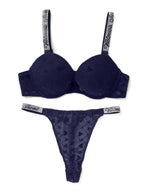 Emanay Rhinestone Strap Bra & Thong Lingerie Set