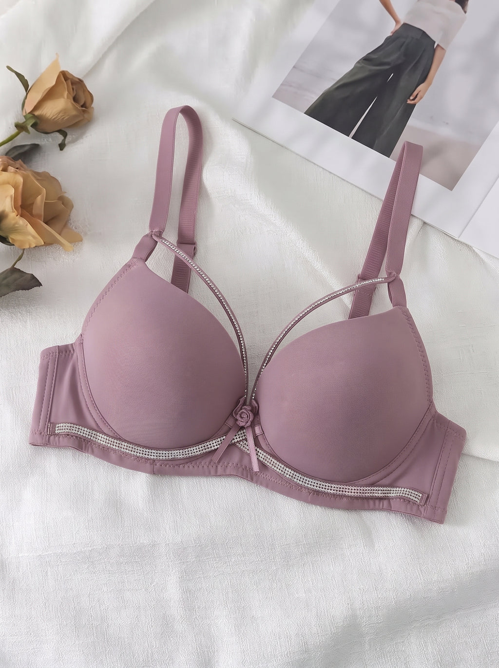Emanay Rhinestone-Embellished Bra & Panty Set with Bow Detail