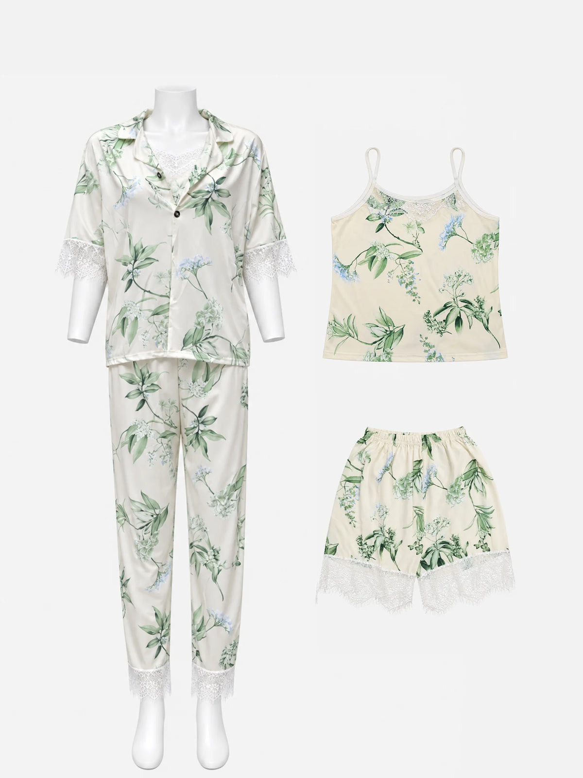 Emanay Green Botanical Print 4-Piece Sleepwear Set