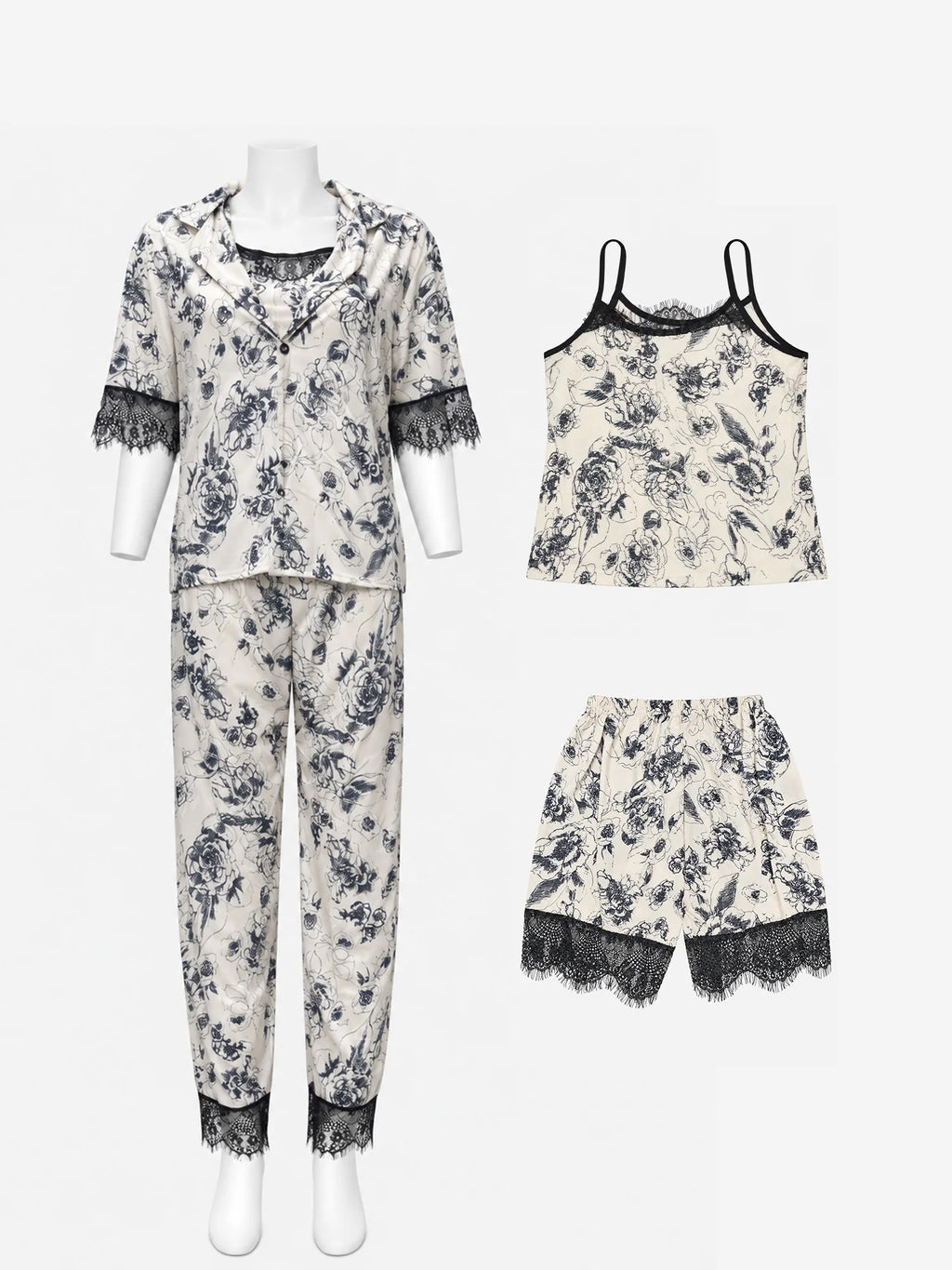 Four-piece floral sleepwear set with button-front top, trousers, camisole and shorts with black lace trim
