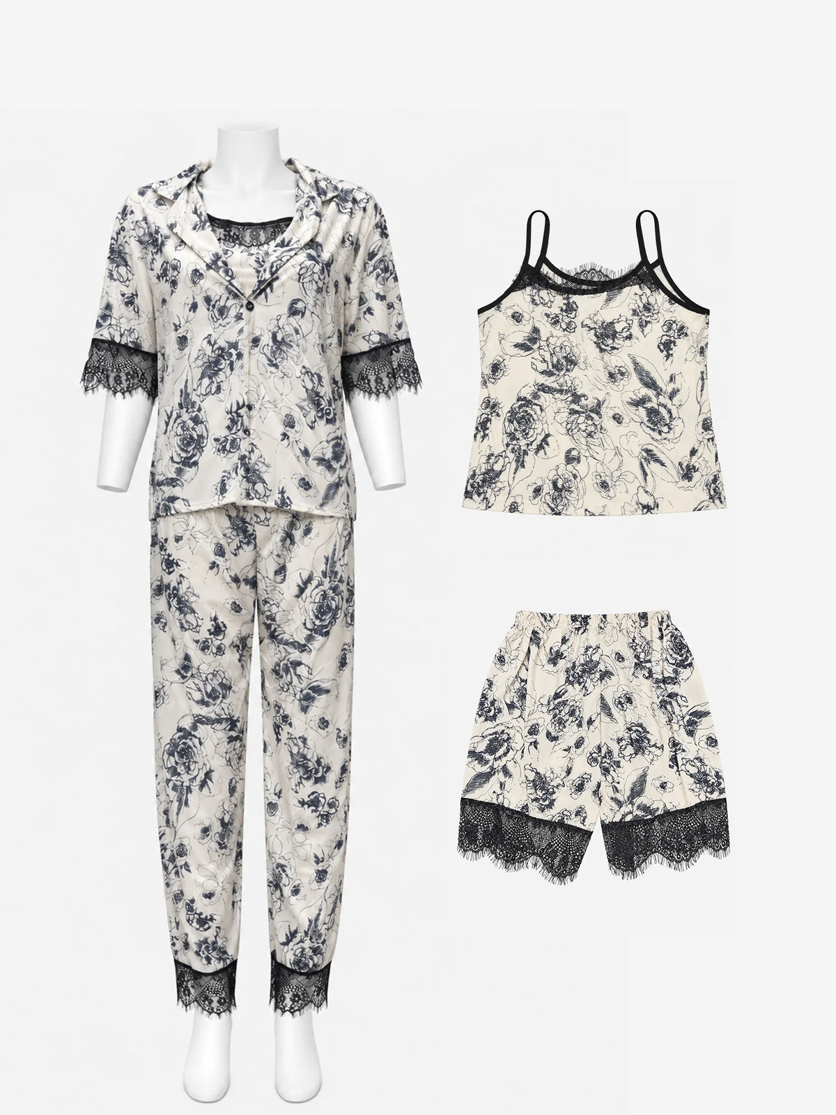 Four-piece floral sleepwear set with button-front top, trousers, camisole and shorts with black lace trim