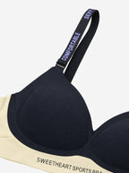 Black sweetheart sports bra, ribbed texture and strap lettering detail