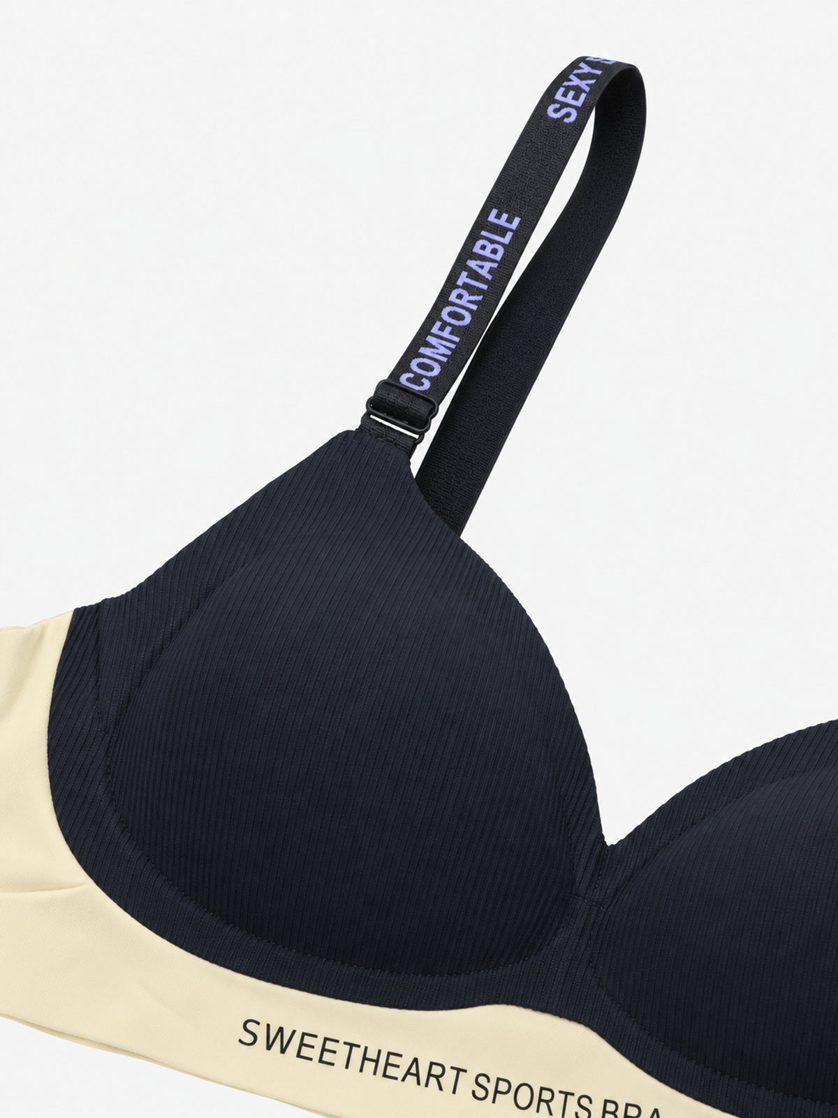 Black sweetheart sports bra, ribbed texture and strap lettering detail