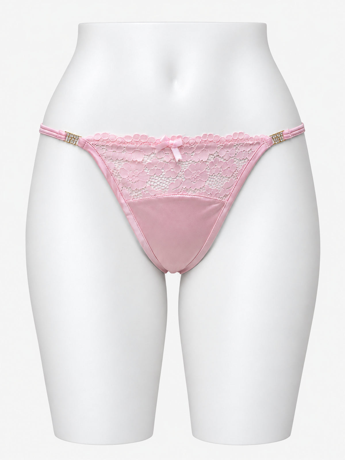 Blush pink floral lace thong on white mannequin, front view