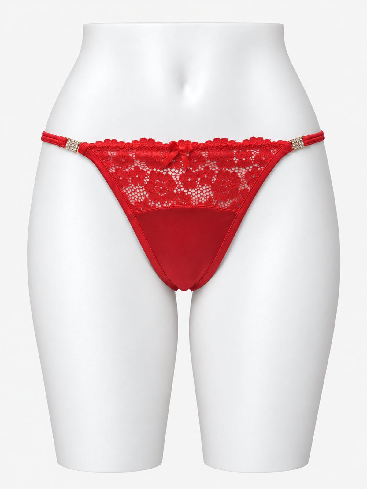 Red floral lace thong on white mannequin, front view