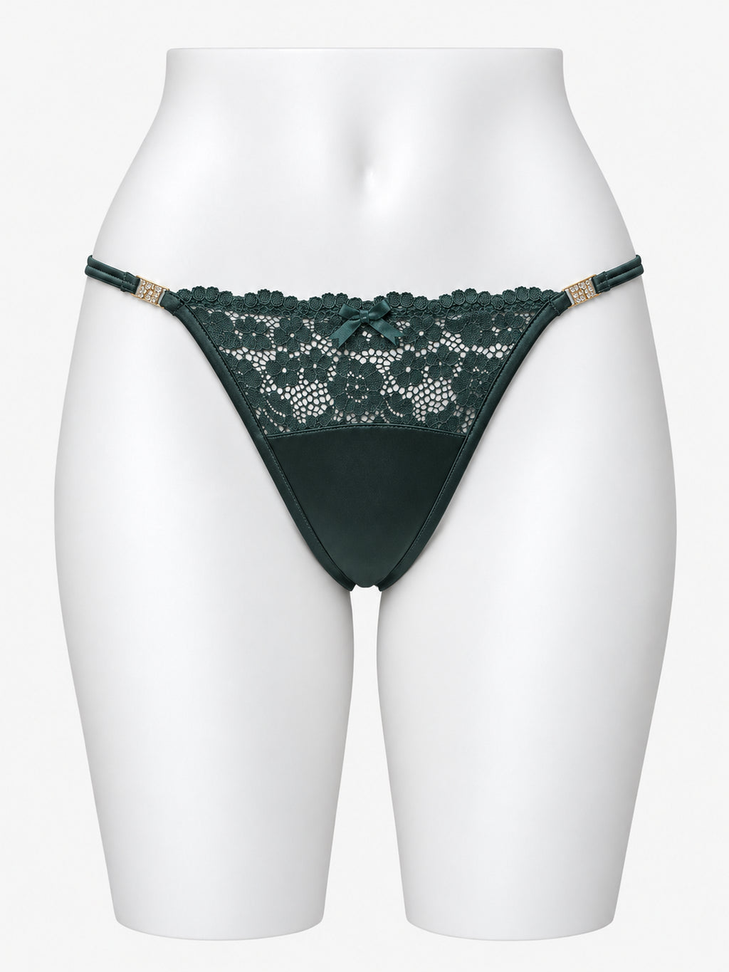 Forest green floral lace thong on white mannequin, alternate front view