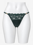 Forest green floral lace thong on white mannequin, alternate front view