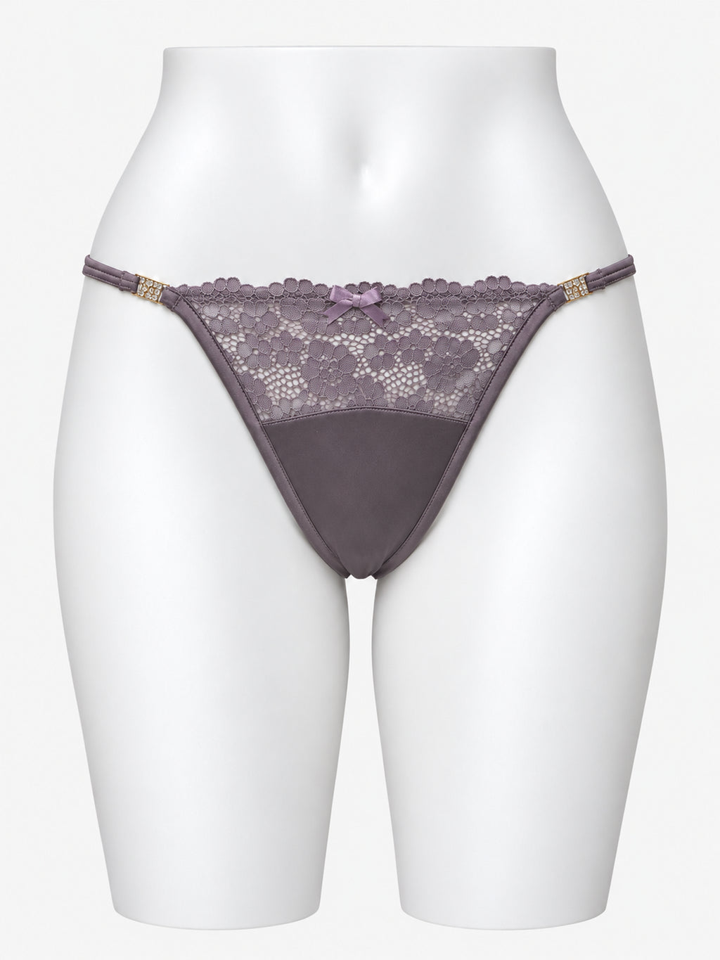 Grey mauve floral lace thong on white mannequin, front view