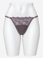 Grey mauve floral lace thong on white mannequin, front view