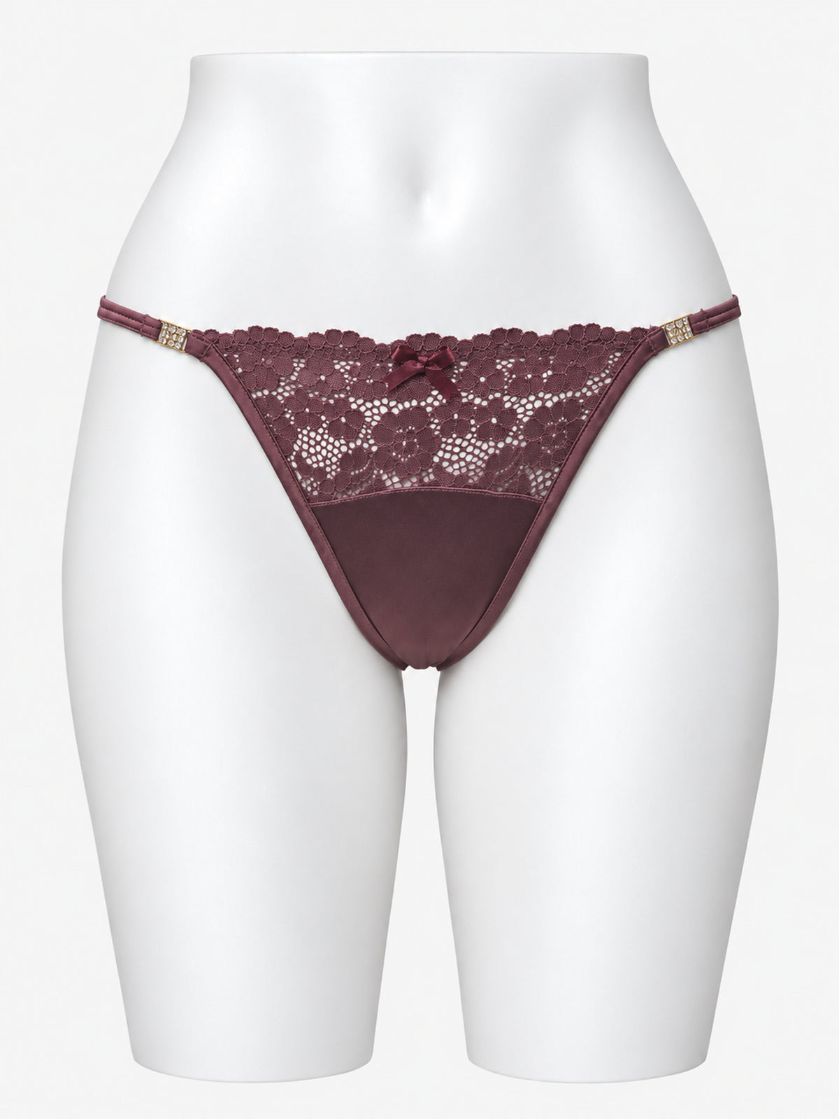 Dusty plum floral lace thong on white mannequin, front view