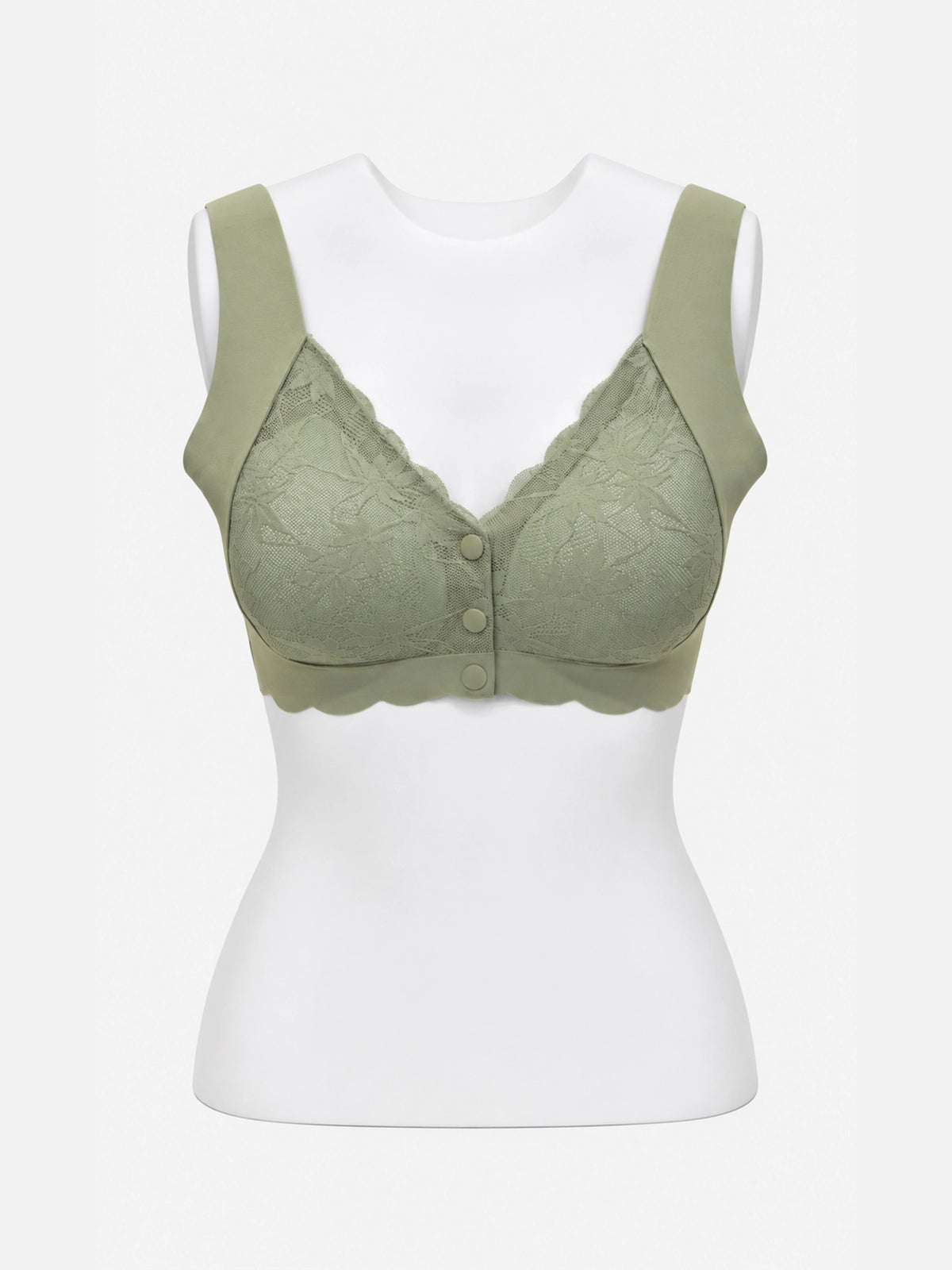 Soft green floral lace blouse bra with button details, front view