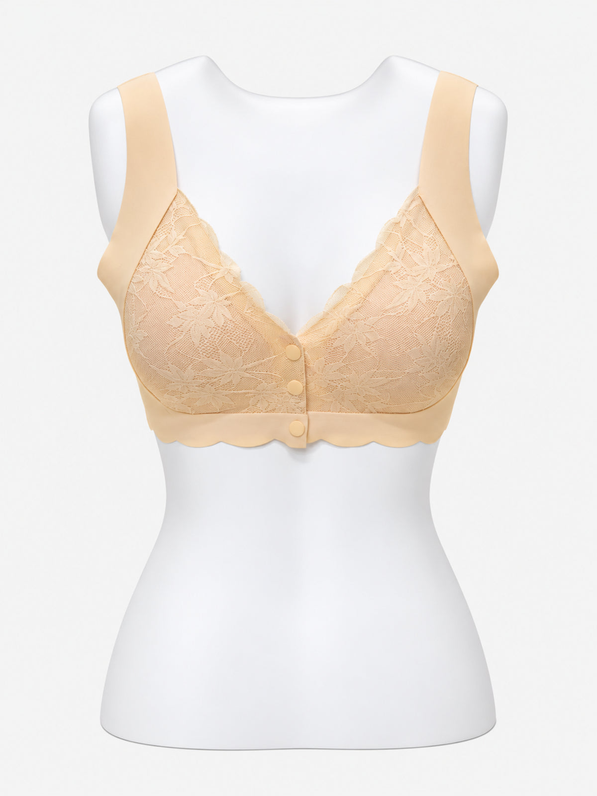 Pink floral lace blouse bra with button details, front view