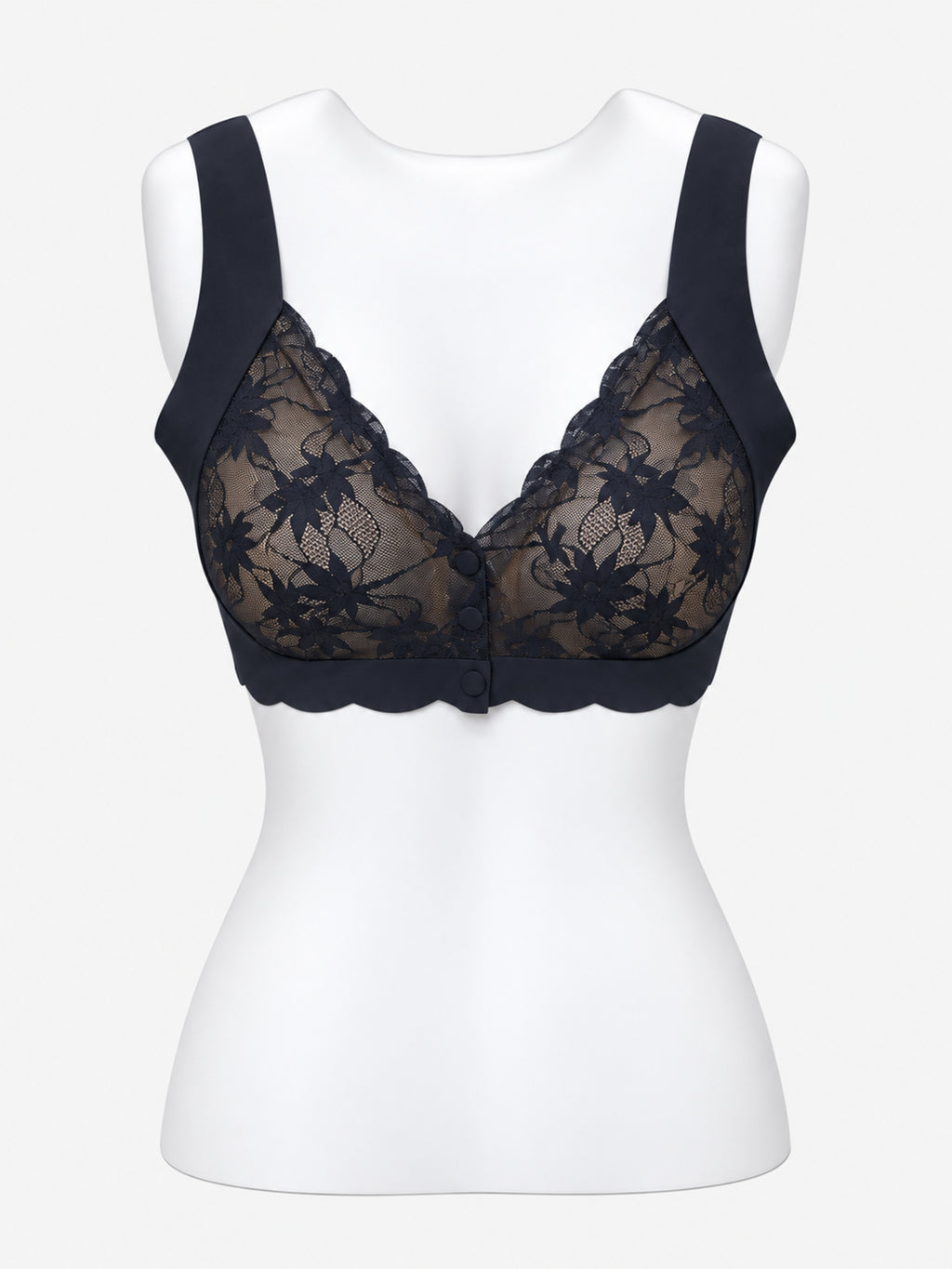 Beige floral lace blouse bra with button details, front view