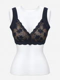 Beige floral lace blouse bra with button details, front view