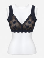 Beige floral lace blouse bra with button details, front view