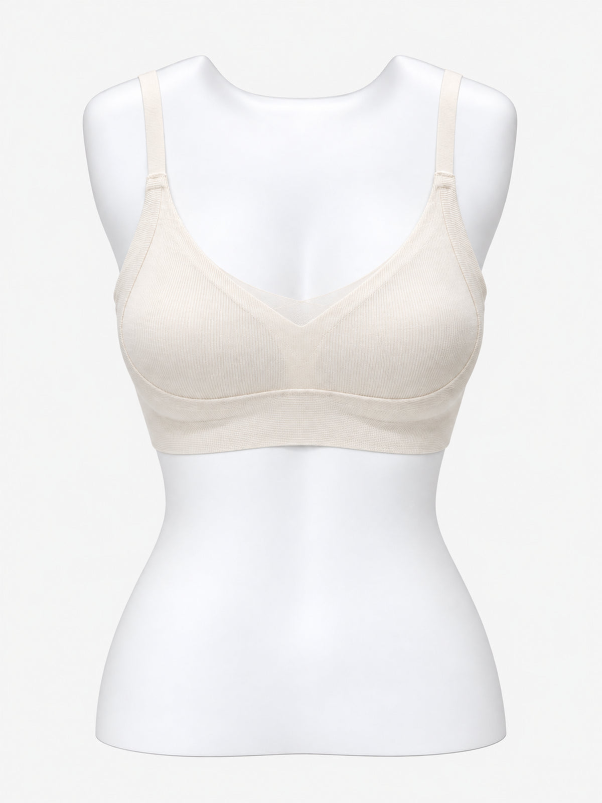 Black ribbed V-neck bra on mannequin, front view