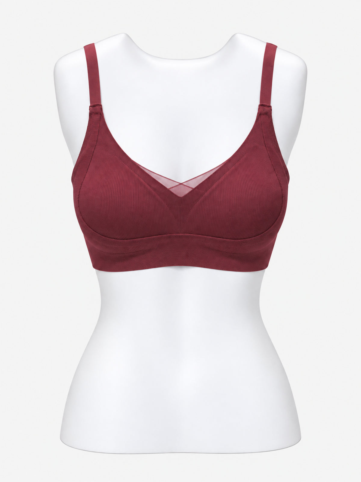 Wine ribbed V-neck bra on mannequin, front view