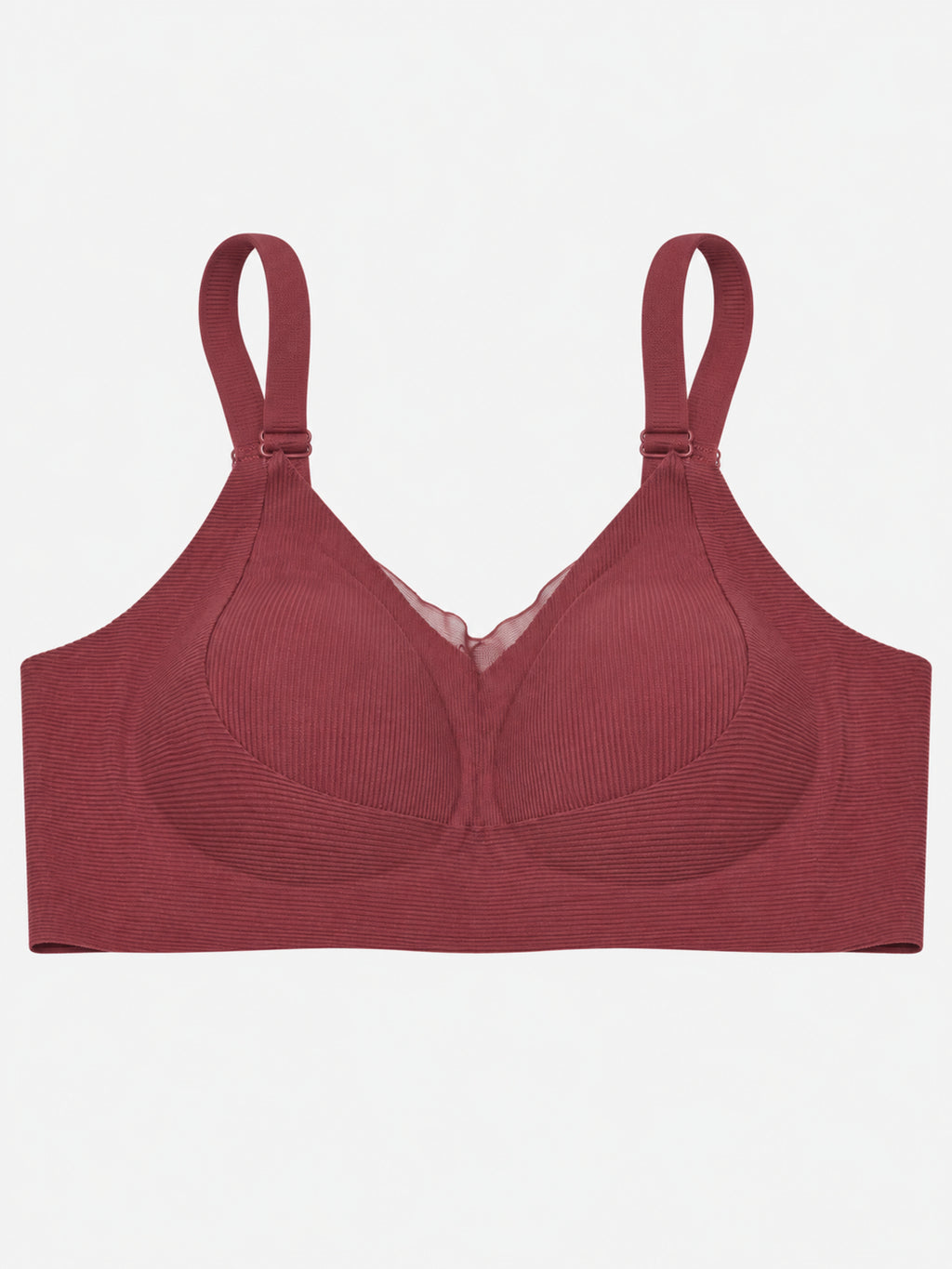 Cream ribbed V-neck bra on mannequin, front view