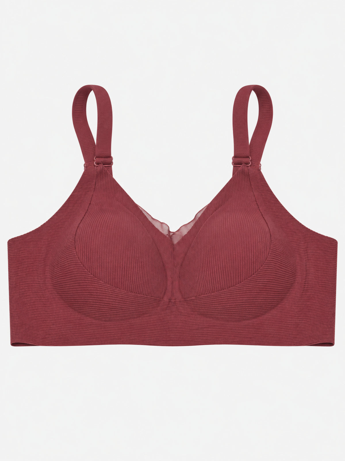 Cream ribbed V-neck bra on mannequin, front view
