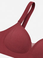 Close-up of wine ribbed bra neckline and mesh detail