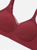Close-up of wine ribbed bra strap and cup texture