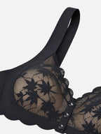 Black floral lace blouse bra with button details, front view