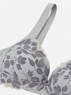Grey floral lace-look wide-strap bra, front view