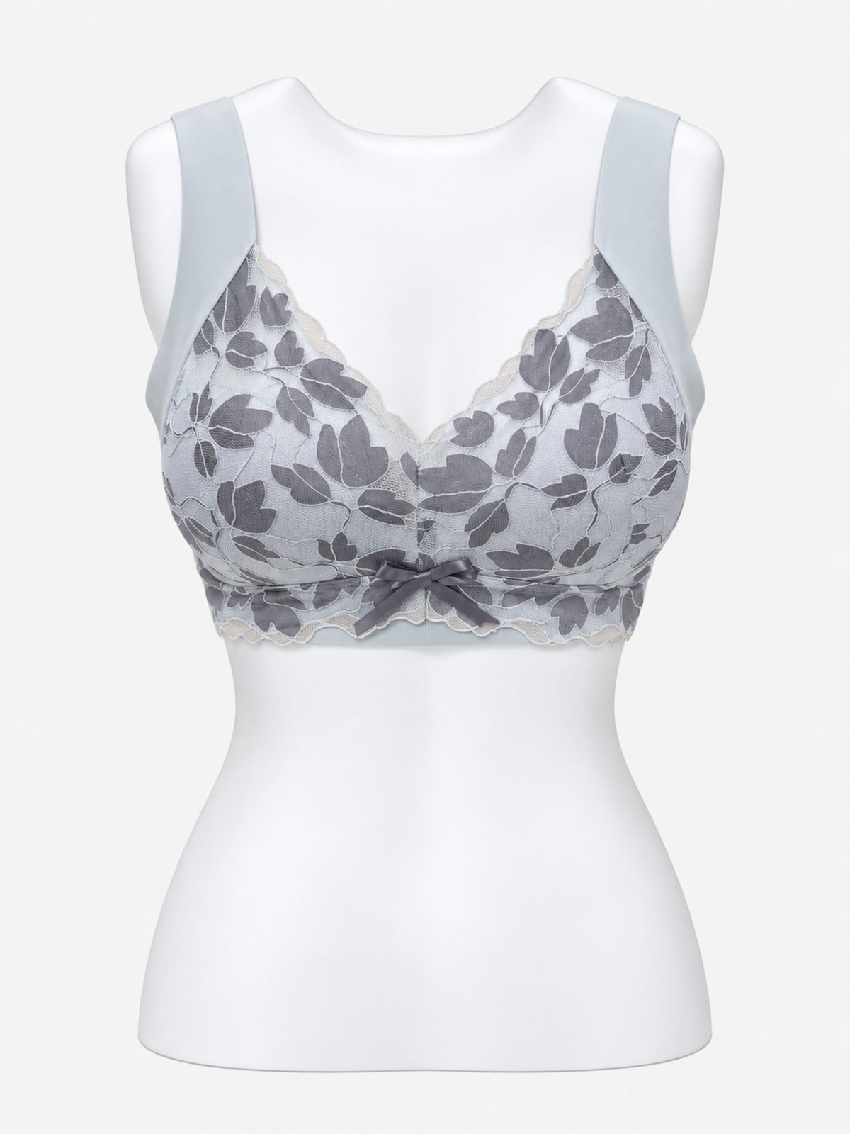 Light green floral lace-look wide-strap bra, front view