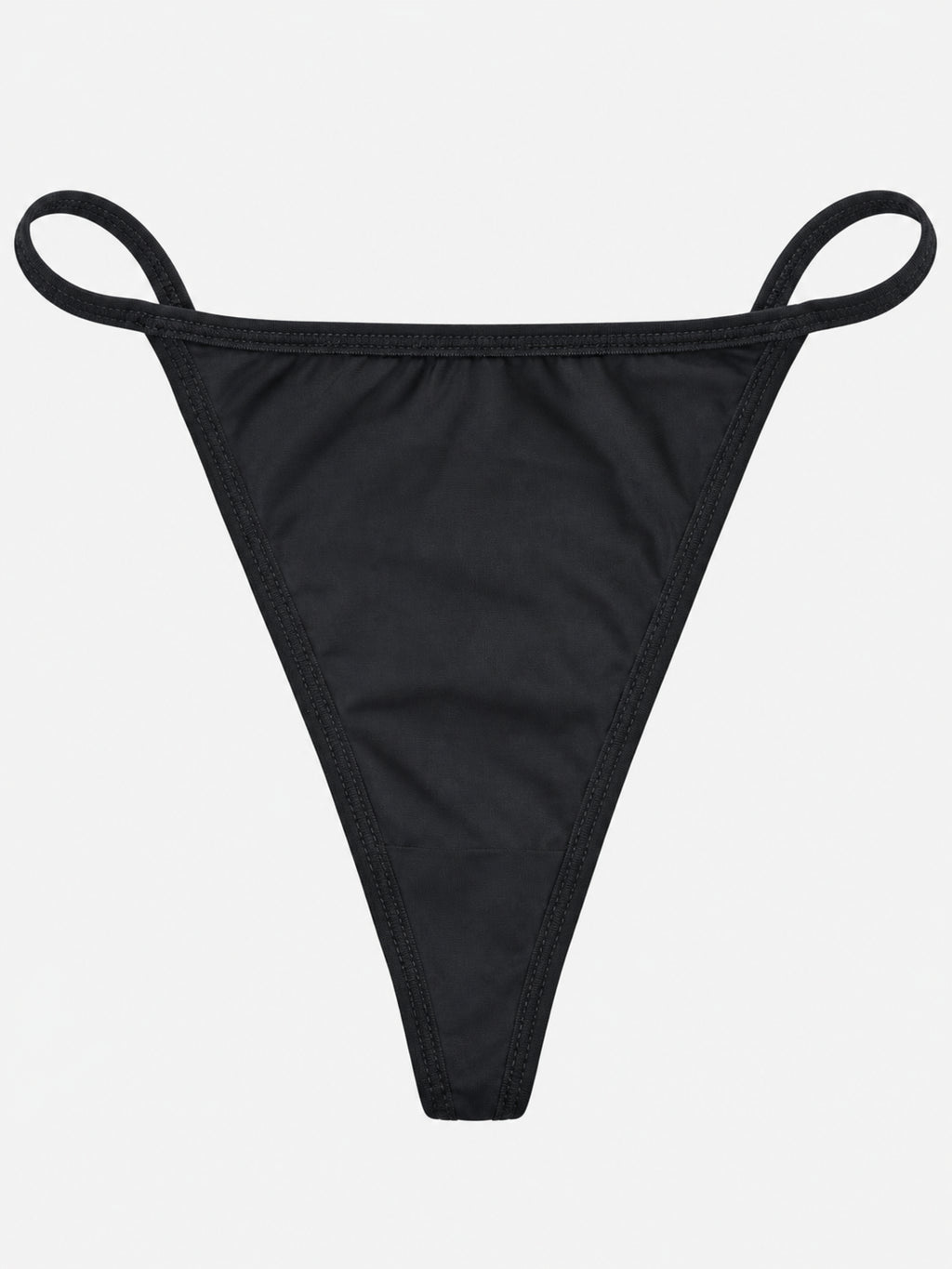 A black thong-style bikini bottom with thin side straps, shown flat against a light gray background.