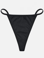 A black thong-style bikini bottom with thin side straps, shown flat against a light gray background.