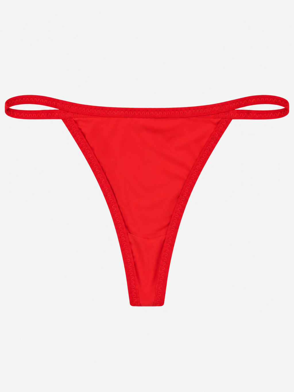 A bright red thong-style bikini bottom with a wide waistband and thin leg strap, photographed flat against a light gray background.