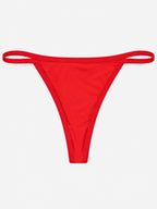 A bright red thong-style bikini bottom with a wide waistband and thin leg strap, photographed flat against a light gray background.