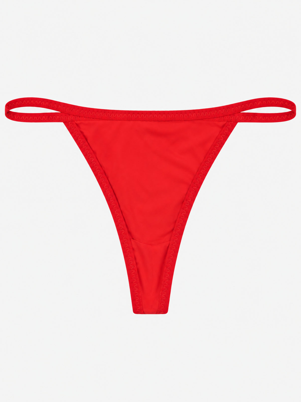 A bright red thong-style bikini bottom with a wide waistband and thin leg strap, photographed flat against a light gray background.