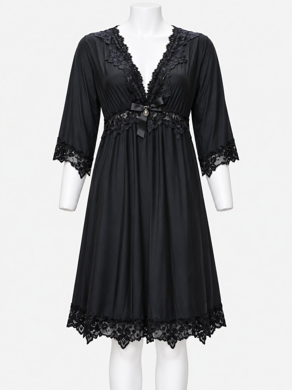 A black sheer nightgown with lace trim on the V-neckline, three-quarter sleeves, and hem, displayed on a white mannequin against a light gray background.