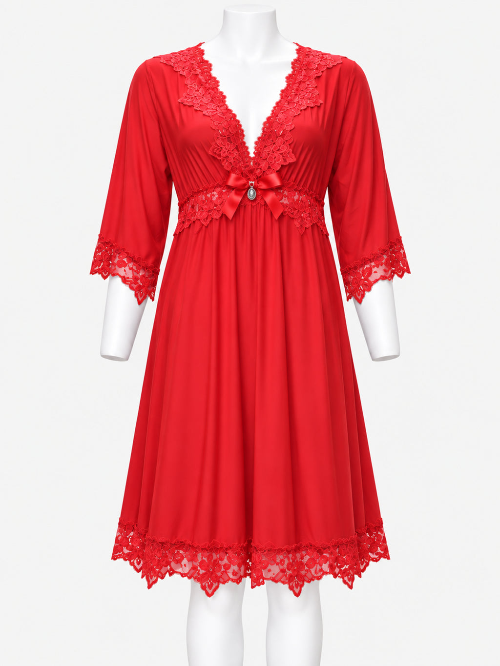 A red nightgown with lace trim and a bow at the waist, displayed on a white mannequin against a light gray background.