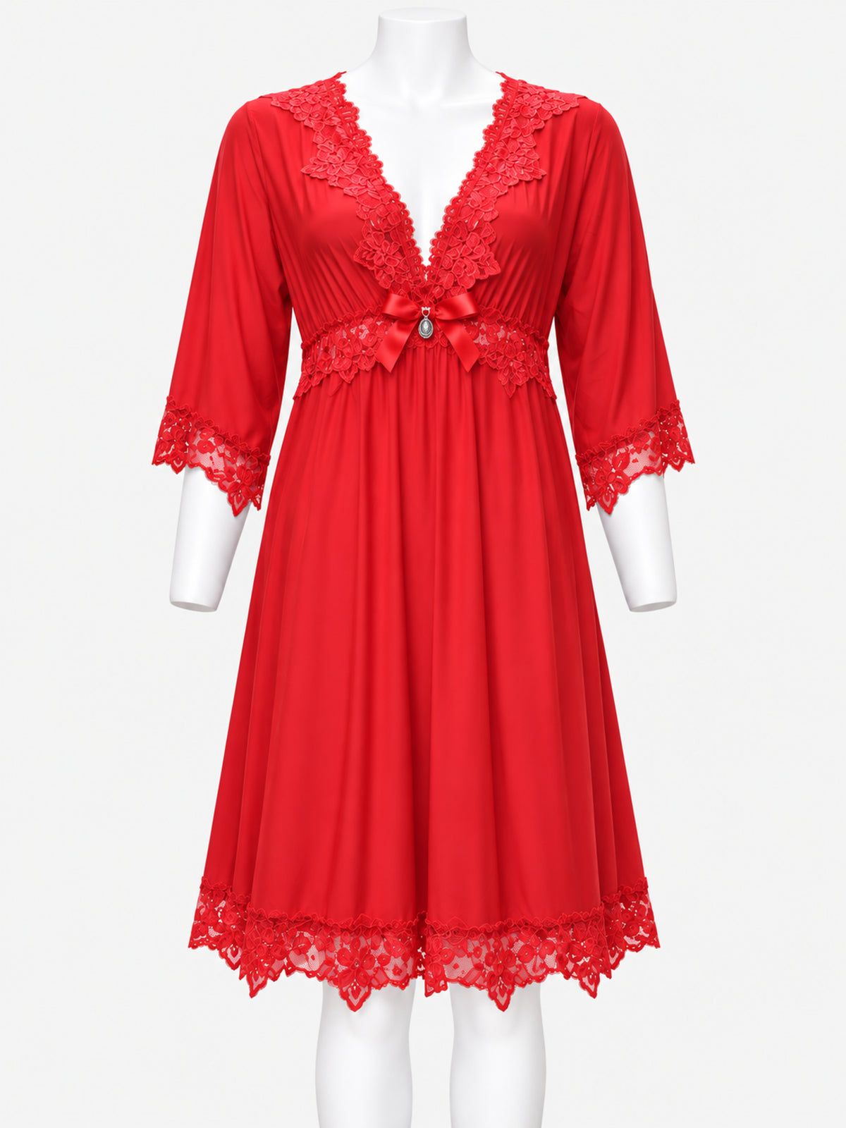 A red nightgown with lace trim and a bow at the waist, displayed on a white mannequin against a light gray background.