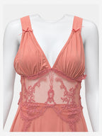 Peach lace nightdress on a white mannequin, front view