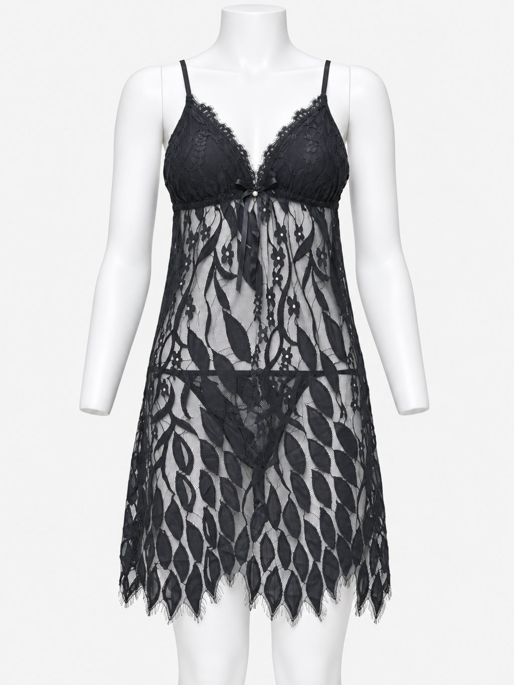 Emanay Black Floral Lace Babydoll & Thong Set