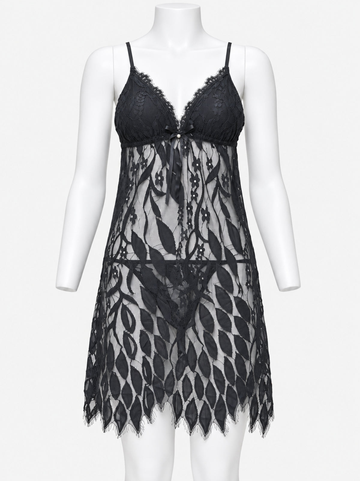 Emanay Black Floral Lace Babydoll & Thong Set