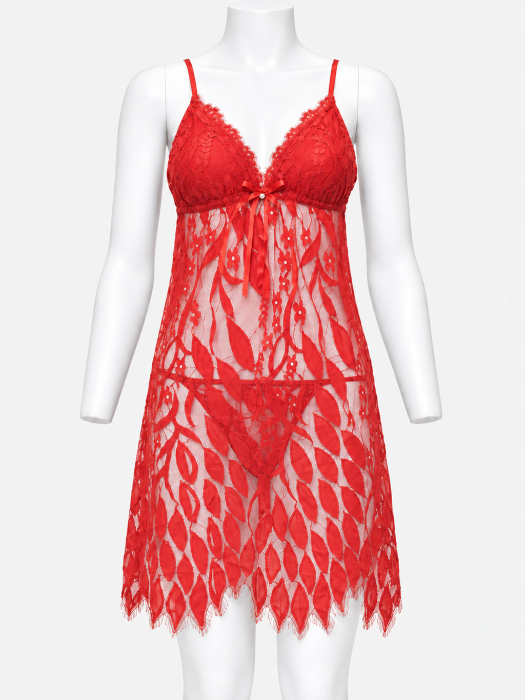 Red floral lace babydoll and matching thong set, front view