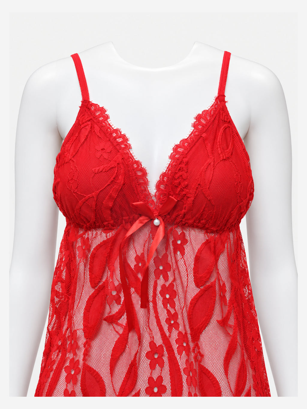 Close-up of red lace babydoll neckline and cup detail
