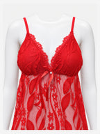 Close-up of red lace babydoll neckline and cup detail