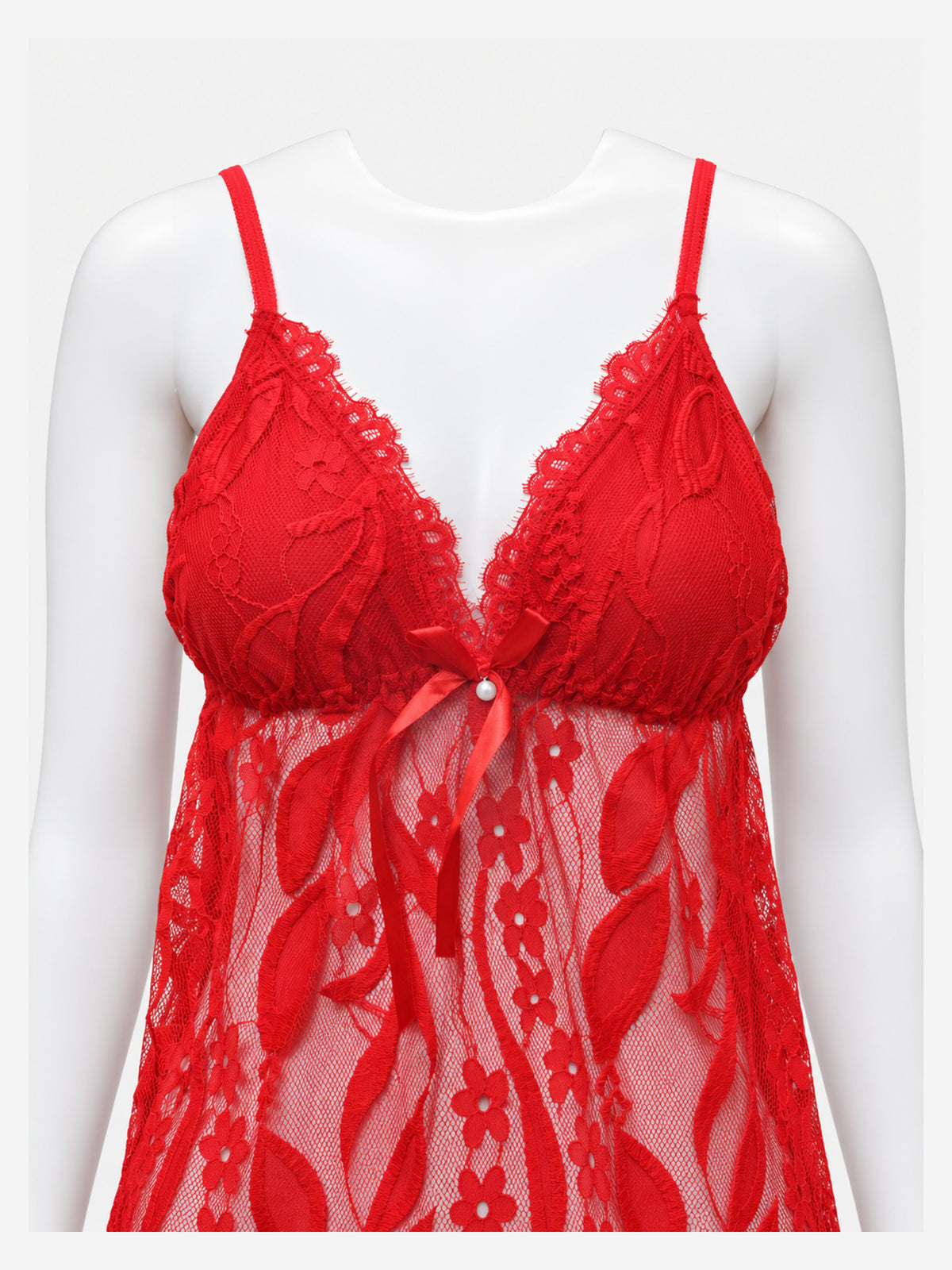 Close-up of red lace babydoll neckline and cup detail