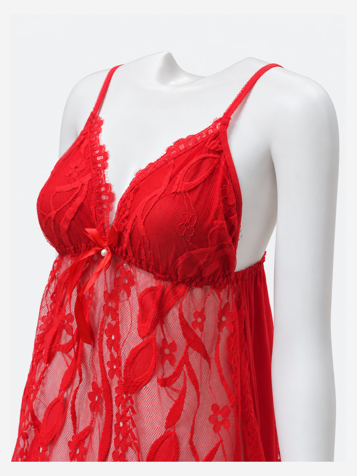 Close-up of matching red lace thong