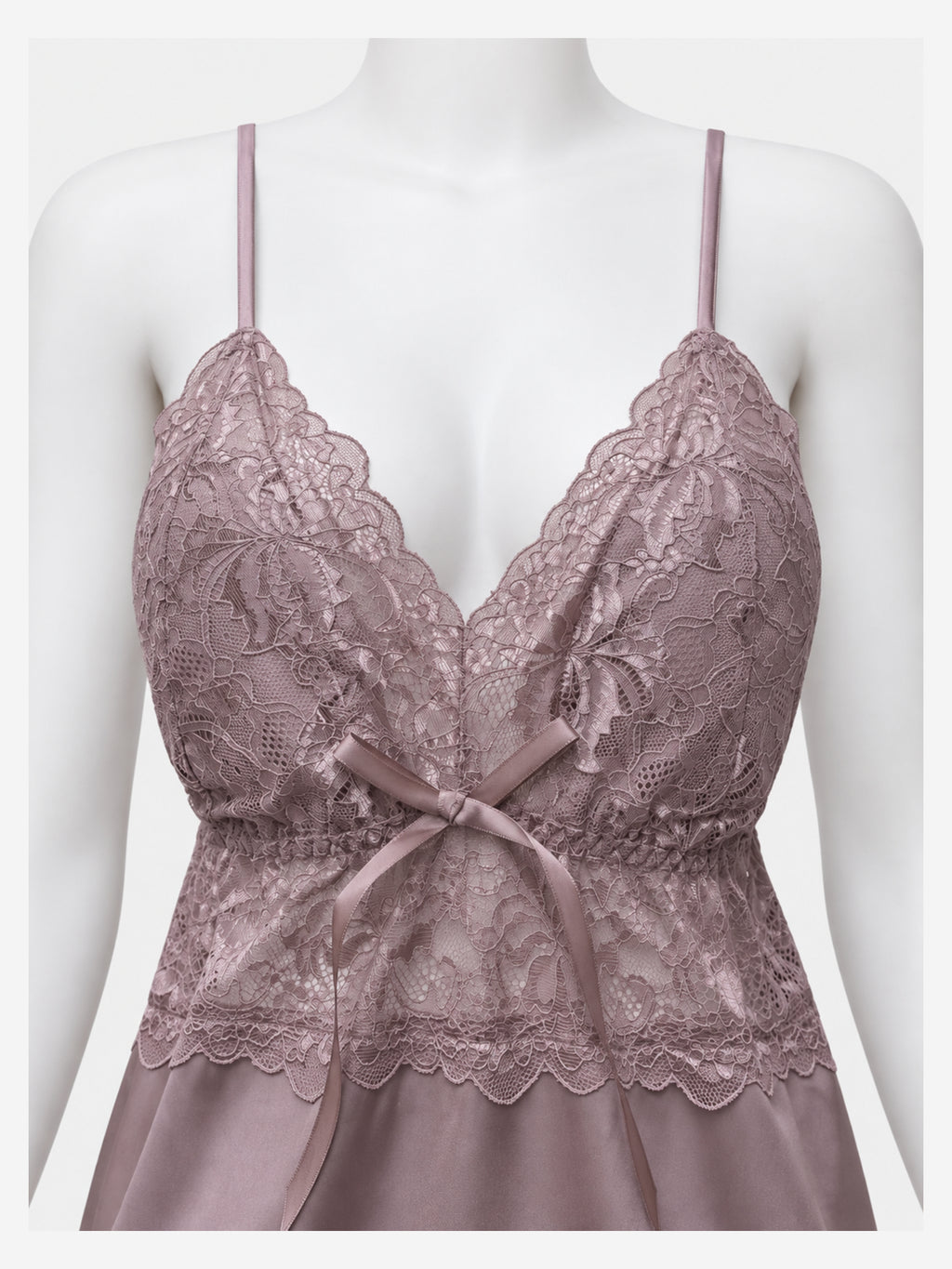 Mauve lace nightdress and thong set on mannequin