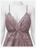 Mauve lace nightdress and thong set on mannequin