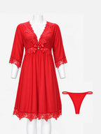 A red sleepwear set displayed on a white mannequin against a light gray background, featuring a long lace-trimmed nightgown with elbow-length sleeves and a matching red thong shown separately to the right.
