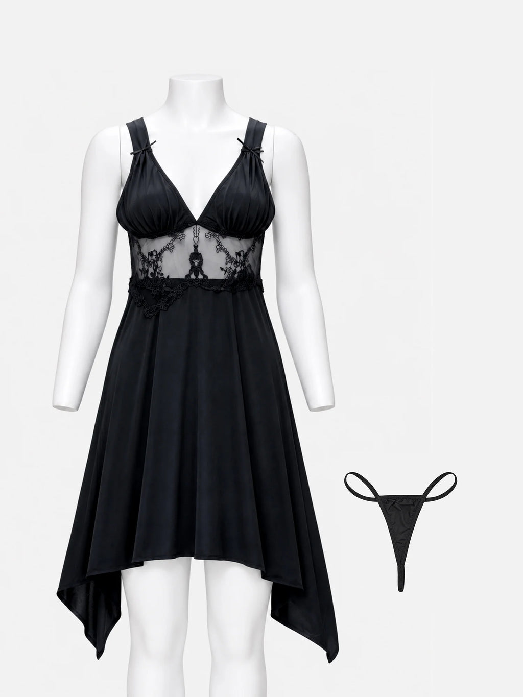 Black lingerie set displayed on a white mannequin against a light gray background, featuring a sheer lace halter mini dress with a black high-low skirt and a matching black thong shown separately to the right.